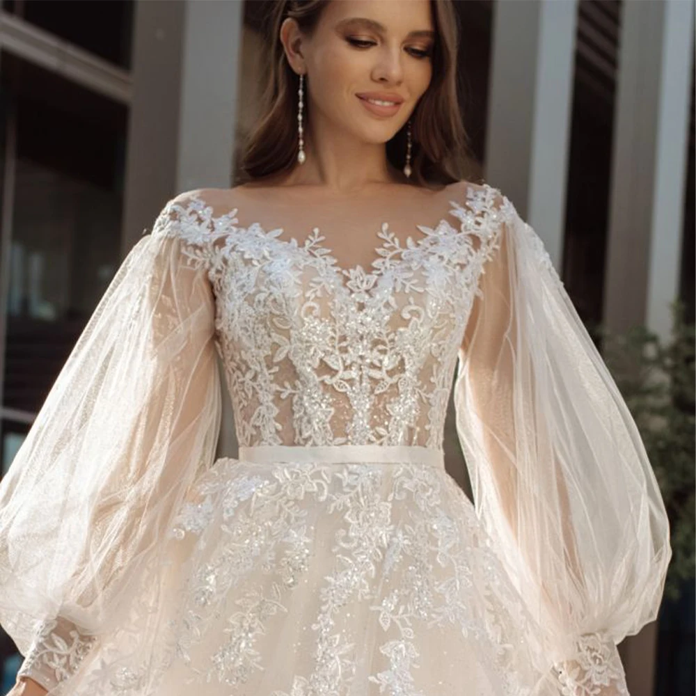 

2022 Femmes Robe De Mariée Col En V Dos Nu Tulle Dentelle Perlée Elégante A Manches Longues Princesse Simple Robe De Mariée