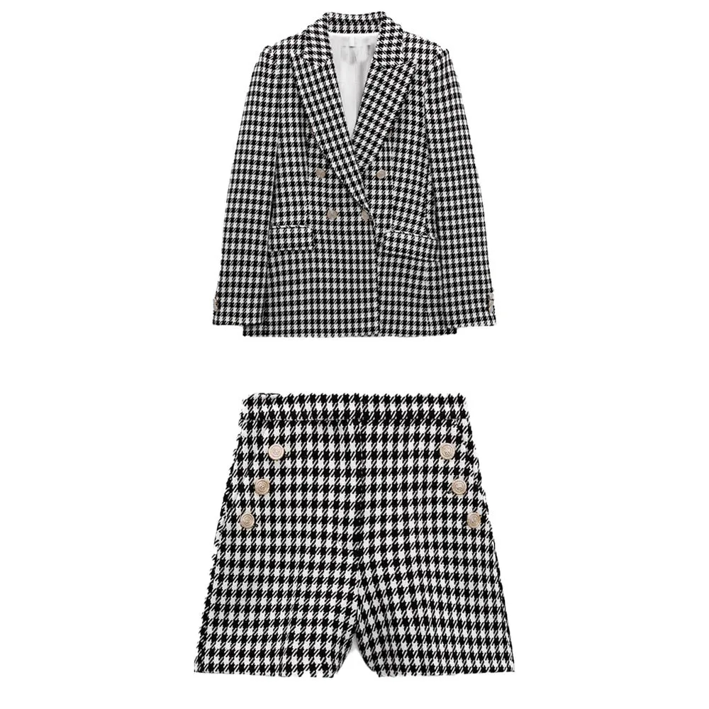 

spring new retro wild plaid double-breasted textured suit jacket + temperament high-waisted breasted decorative casual shorts