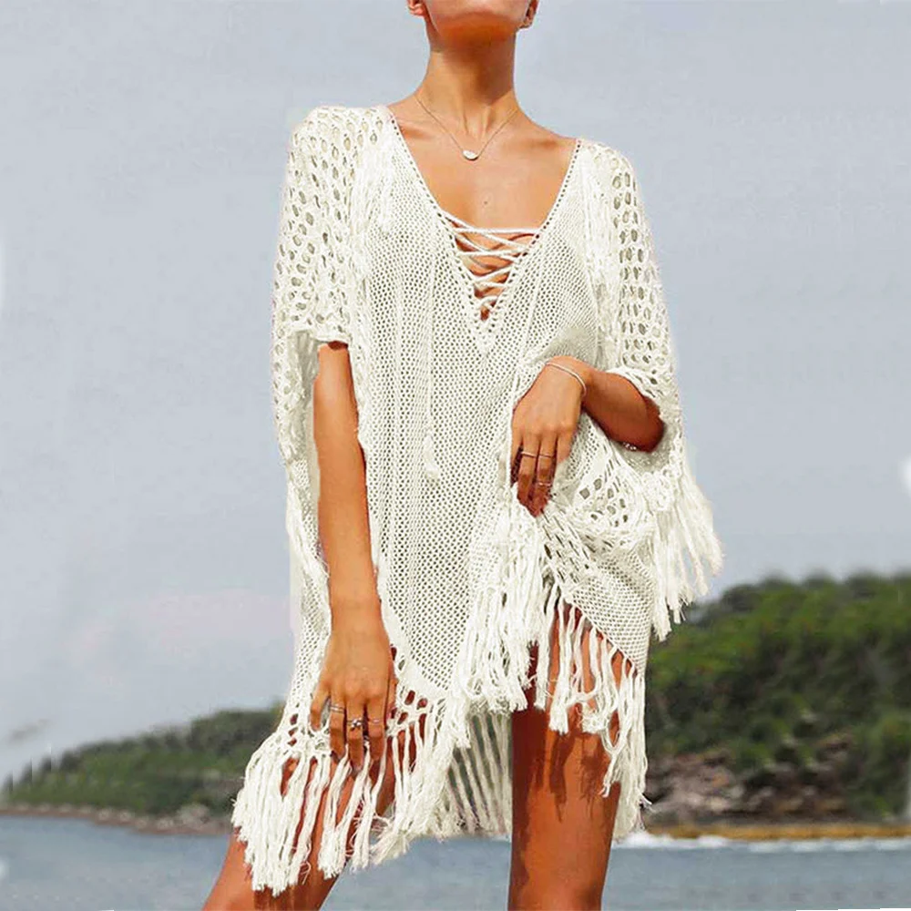 

Crochet See-Through Half Sleeves Cover-Ups Tops Holiday Beachwear Designer Bathing Suit White Summer