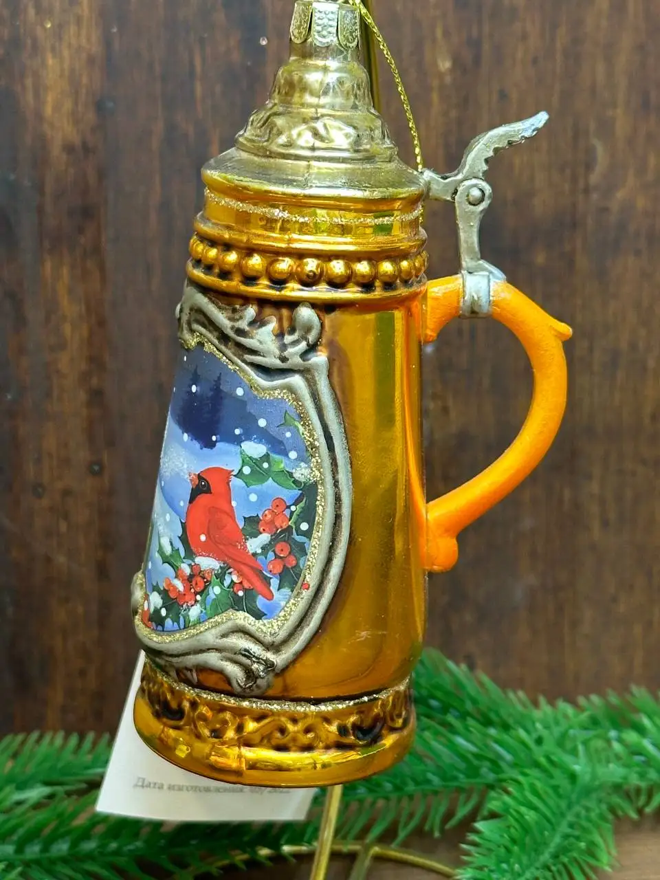 Елочное украшение 1шт &quotПивная кружка&quot 13 см стекло желтая