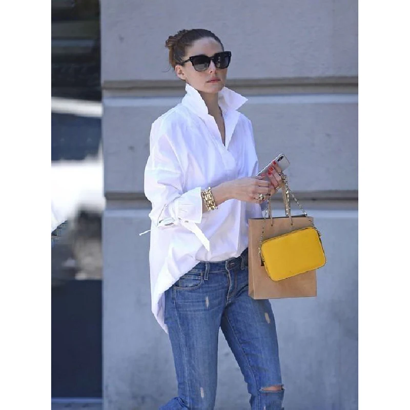 Женская Свободная блузка с длинным рукавом и отложным воротником