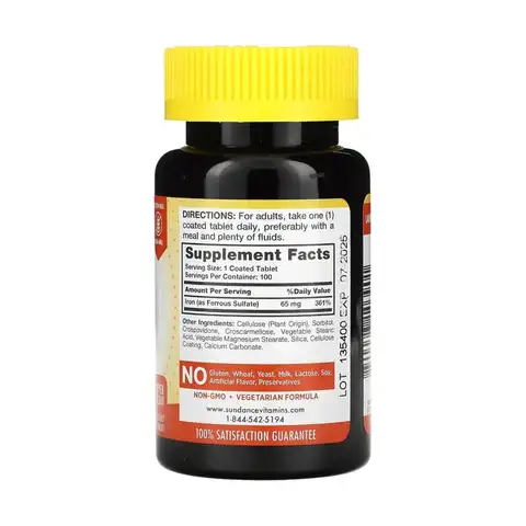 Sundance Vitamins, Железо, 65 мг, 100 таблеток, покрытых оболочкой