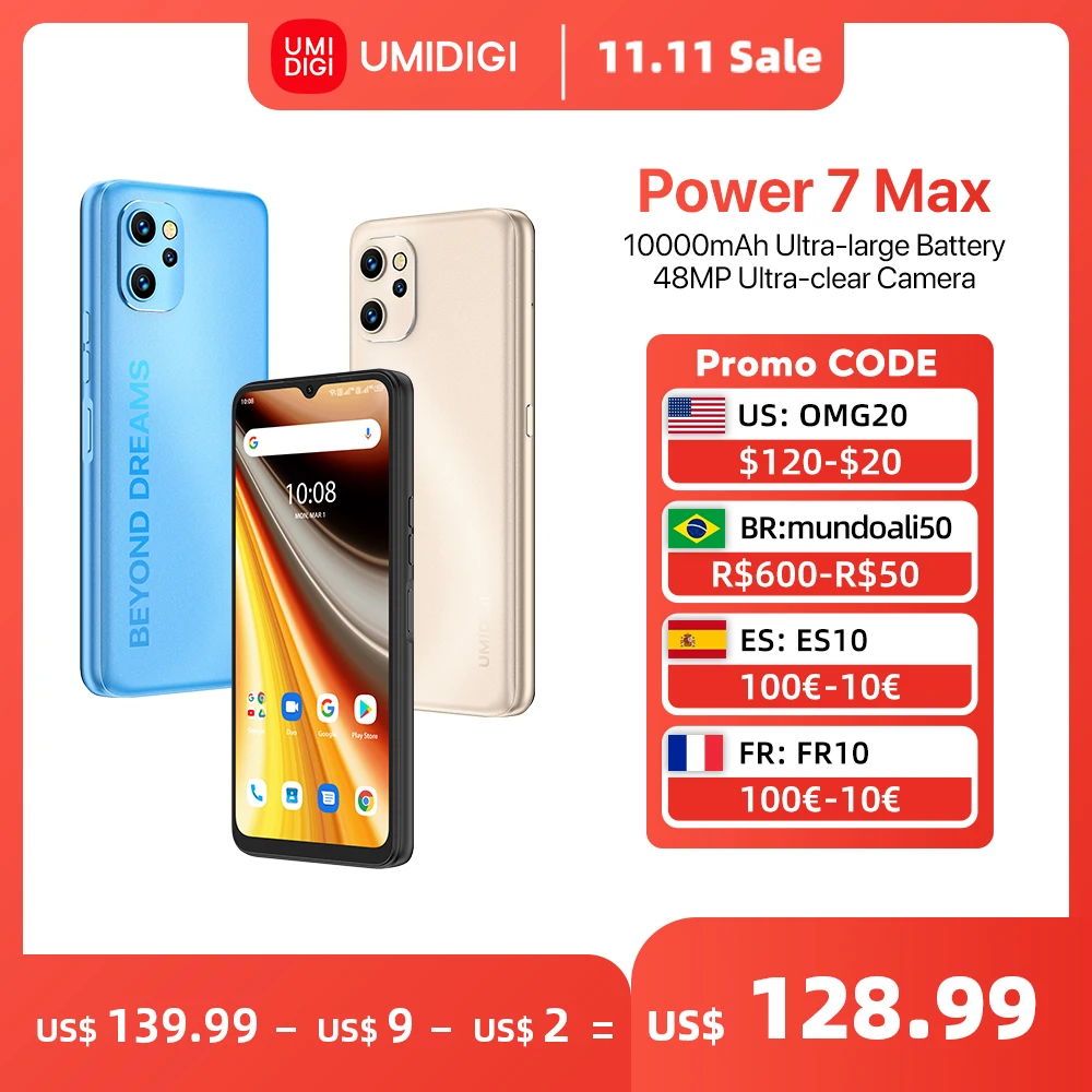 Cena UMIDIGI Power 7 Max Android 11 Smartphone 10000mAh Unisoc T610 6GB 128GB 6.7