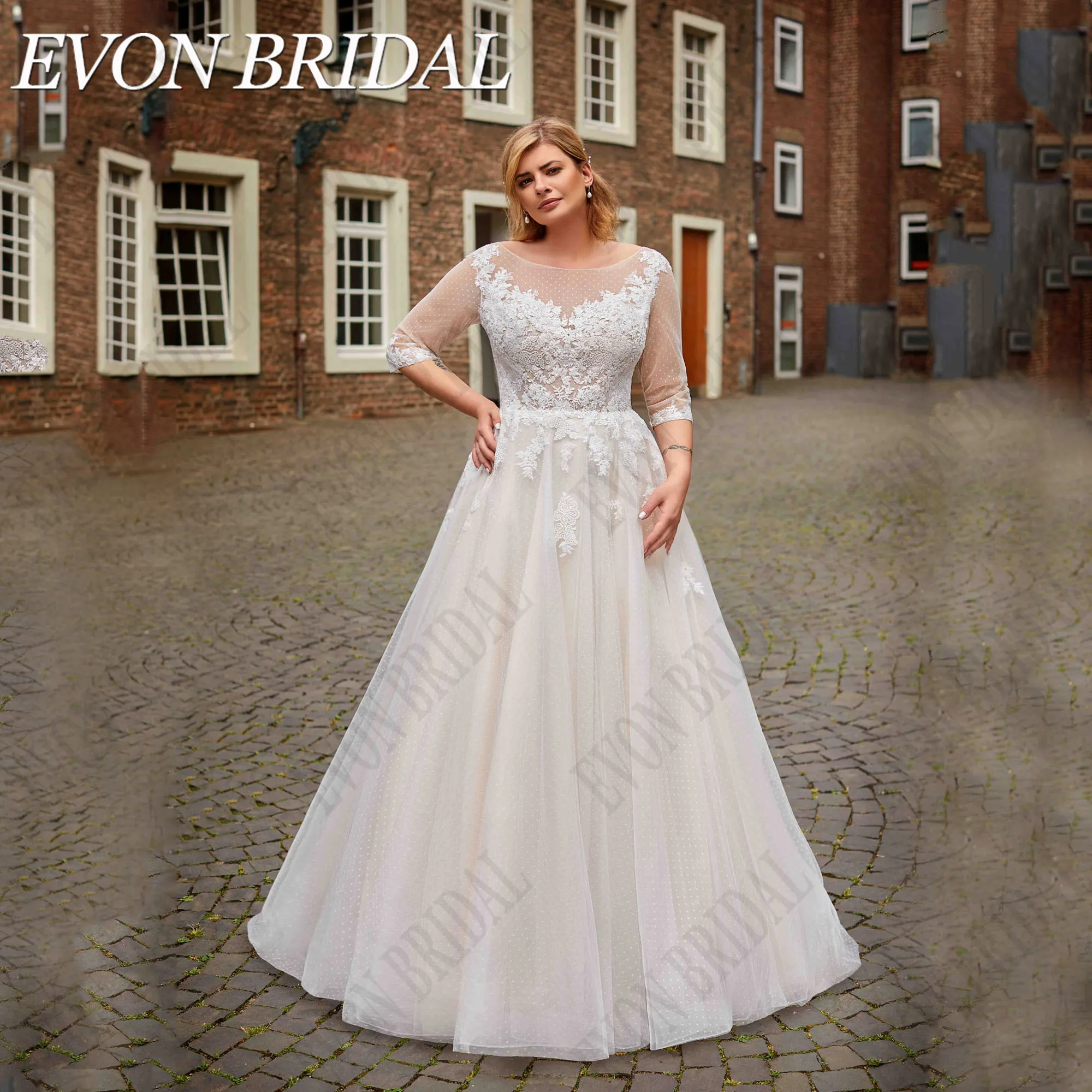 Женское свадебное платье EVON элегантное с круглым вырезом и рукавом 3/4 невесты на