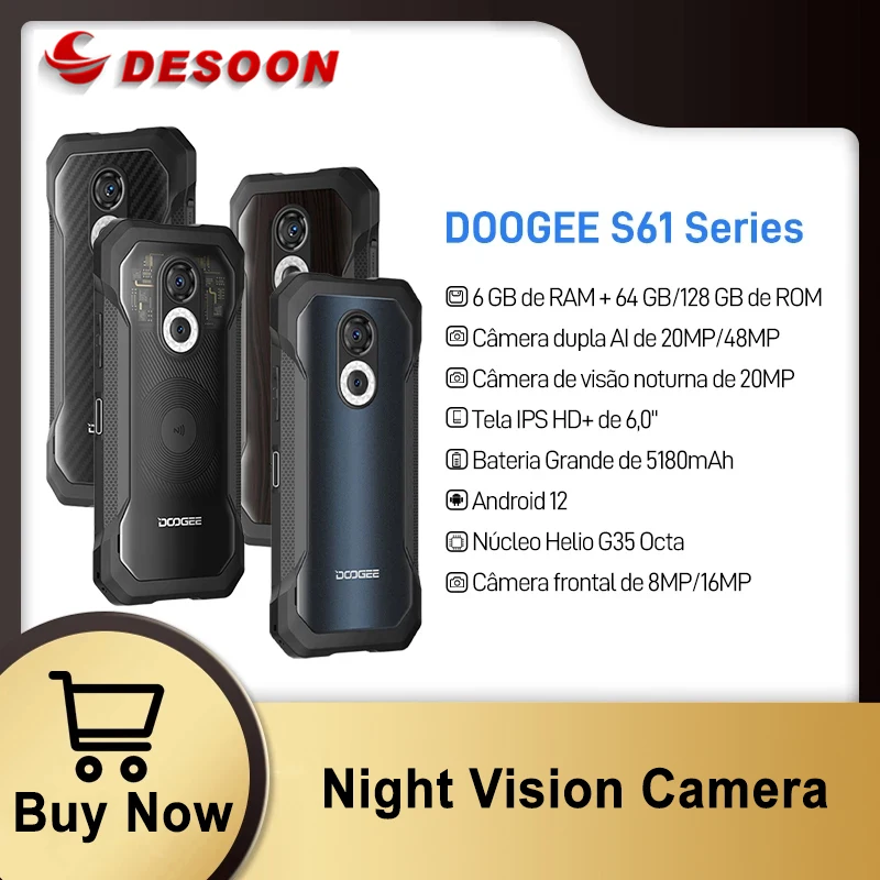 

DOOGEE S61 Series Rugged Phone 6.0" Android 12 Multiple Back Case Design 6GB+64GB/128GB 20MP Night Vision Camera 5180mAh Phone