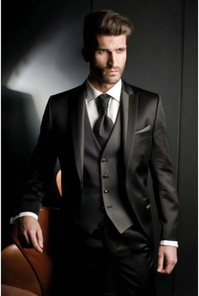 

Custom Made Groom Tuxedo Shiny Black Groomsmen Peak Lapel Wedding/Dinner Suits Best Man Bridegroom (Jacket+Pants+Tie+Vest)