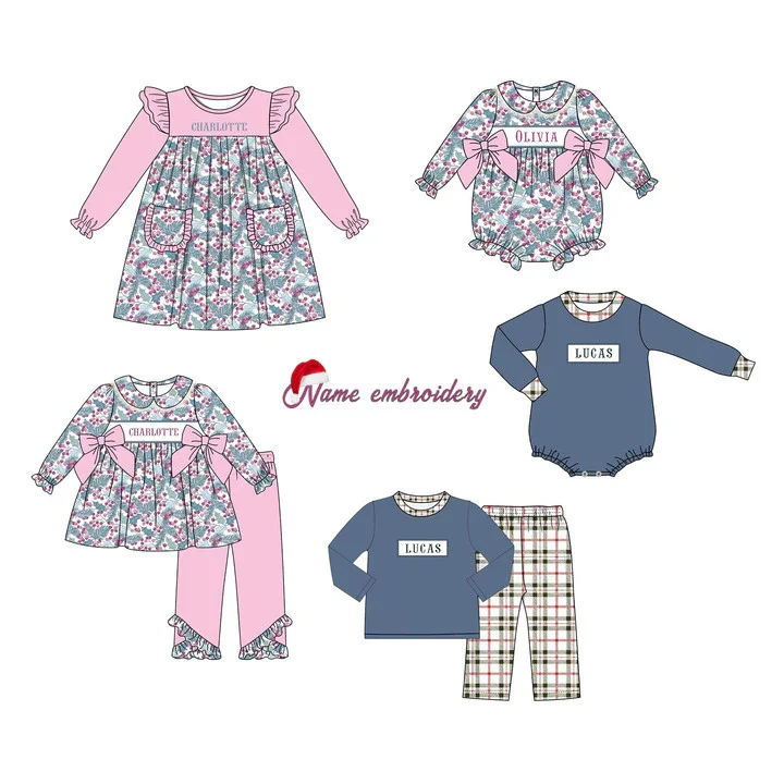 

Girl And Baby Boy New Cotton Customizable Name Styles Presale Models Christmas Pink Romper Sets Lattice Clothes With Bow Ropa