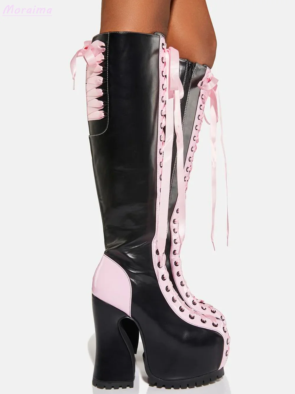 Platform Ribbon Lace-Up Knee-High Boots Chunky Heel Side Zipper Cross Strap Pink Black Mixed Color Sexy New Women Shoes Fashion