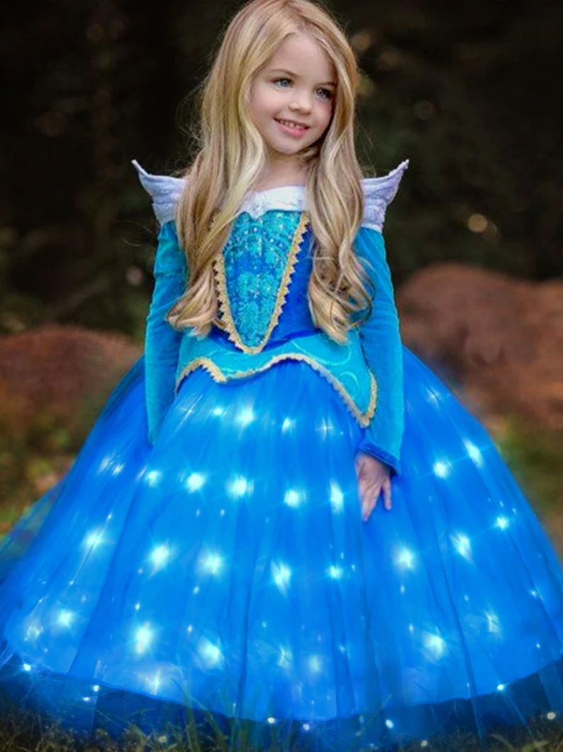 Uporpor LED Sleeping Beauty Aurora Princess Girl Dress Children Charm Cosplay Carnival Dresses Up Clothes Birthday Party Outfits