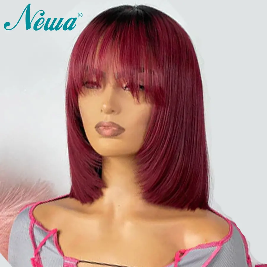 

Short Bob Wig With Bangs Red Colored Human Hair Lace Front Wigs Pre Plucked Bleached Knots 13x6 Transparent Lace Frontal Wigs