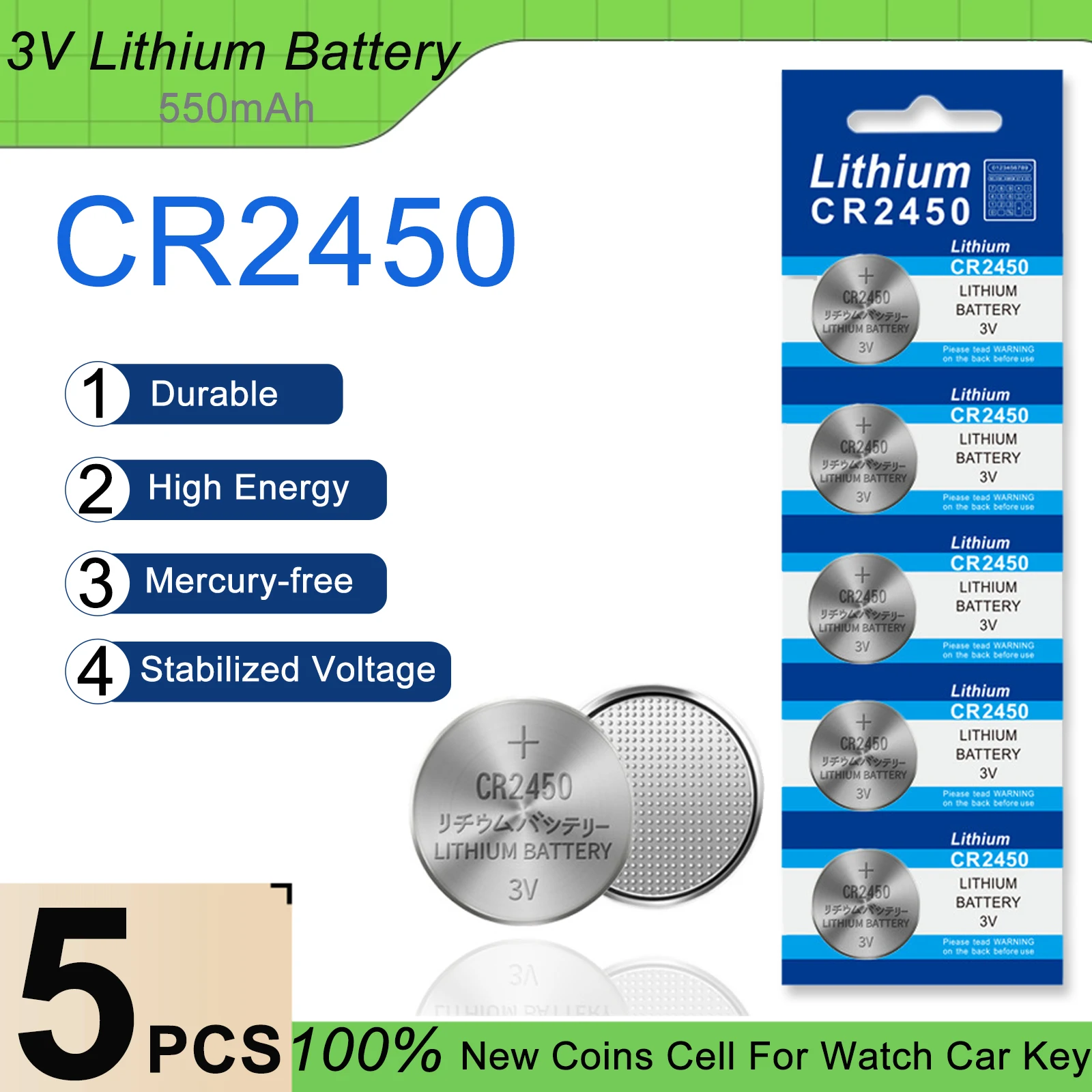 5 шт. 3 В 550 мАч CR2450 монеты аккумуляторы для автомобильных ключей электронные и