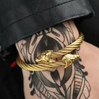 Gold Black Wolf Head Cable Wire Bracelet Set Vintage Open Cuff Bracelet Fashion Jewelry Accessories Men's Cuff Punk Bracelet