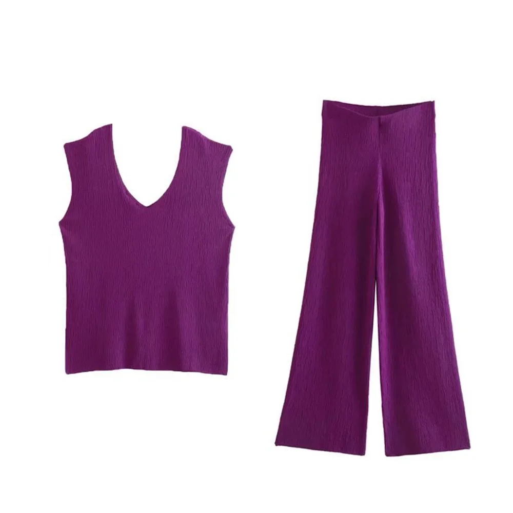 

Женский трикотажный Костюм-двойка PB & ZA, Текстурированный Топ без рукавов с V-образным вырезом и прямые брюки с высокой талией, модель 2022 на л...