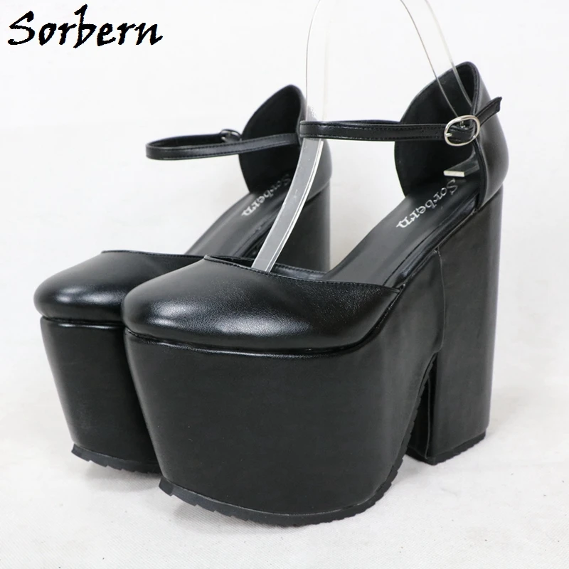 

Sorbern Black Matt Block Heel Women Pump Shoes Ankle Strap Closed Toe Thick Platform Shoes Unisex Drag Queen Heels 17Cm Custom