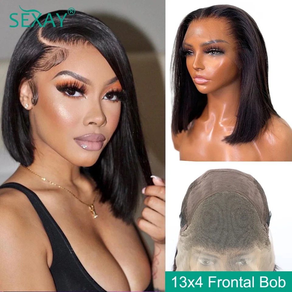 Sexay Bob Wig Lace Front Human Hair Wigs Raw Indian Bone Straight Natural 1B Color Glueless 13x4 Lace Frontal Wig Bleached Knots