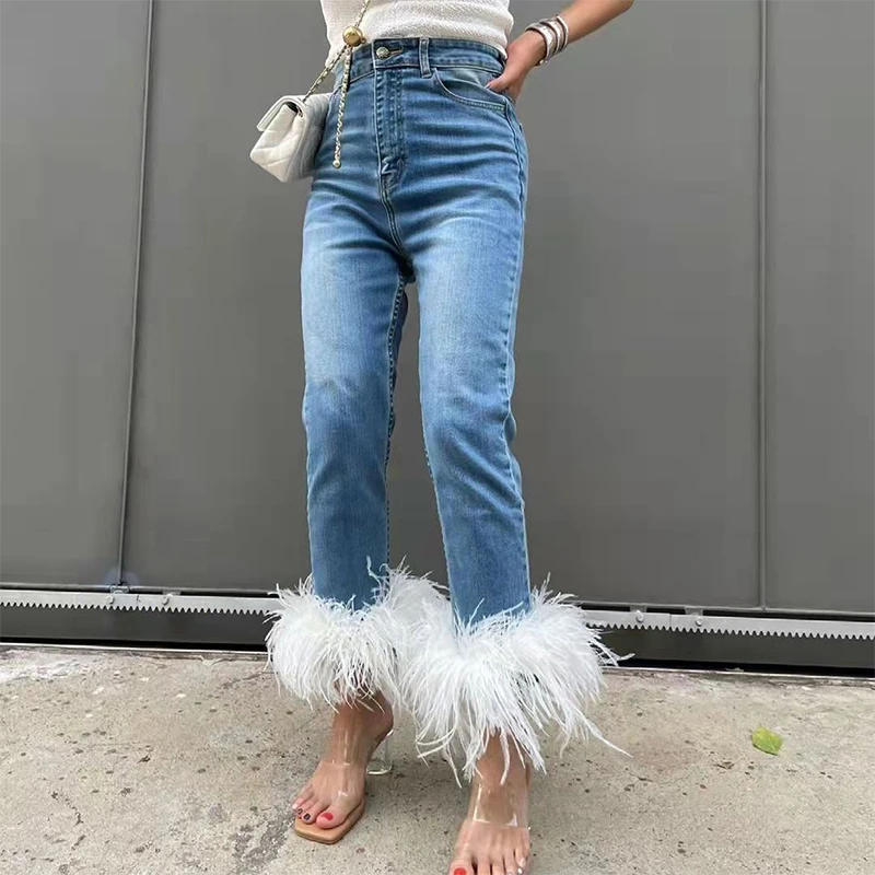 Designer Style Spring Streetwear Ostrich Feathers Jeans Women  Denim Pants Feather Straight Trousers  Female Ladies Elegant