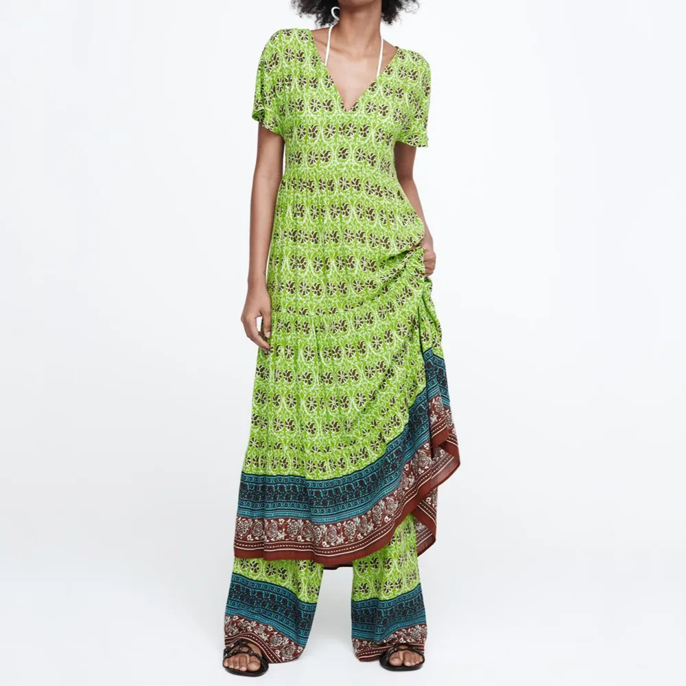 

Летняя Новинка 2022, женская одежда PB & ZA, зеленое модное платье миди с многослойным принтом в стиле колор-блок, 7484153