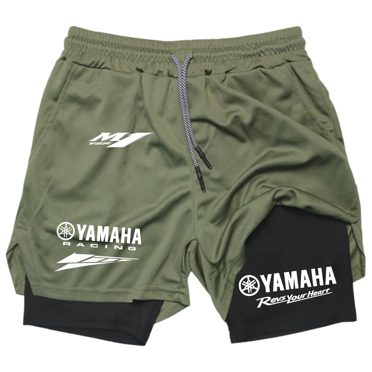 Фото Мужские летние беговые шорты YAMAHA Racing Team 2-в-1, двухслойные, для спортзала, удобные, дышащие, спортивная одежда для активного отдыха №4