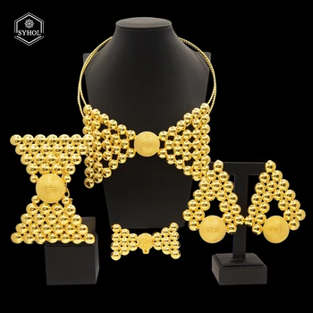 SYHOL Brazilian Gold Design Plated Real Gold 24K Original Woman Jewelry Set Bow Style Necklace Bracelet Earrings Big Sets