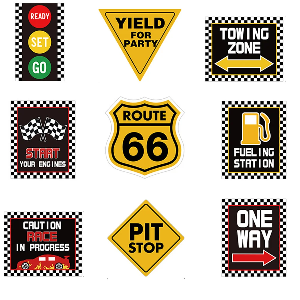 

9pcs/Set Race Car Birthday Party Supplies Checkered Flags Racing Happy Birthday Party Signs Cutouts for Kids Race Fans