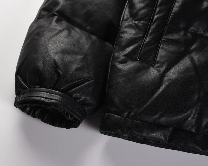 High Street Winter New Men'S Cotton Coat Simple Style Pu Leather Solid Color Stand Collar Zip Thick Coat