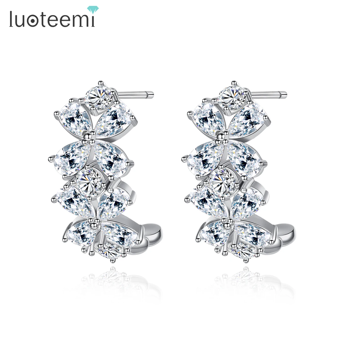

LUOTEEMI Unique Design Semi-annular Flower Stud Earrings for Women Party Wedding Shining CZ Fashion Jewelry Double Color Brincos