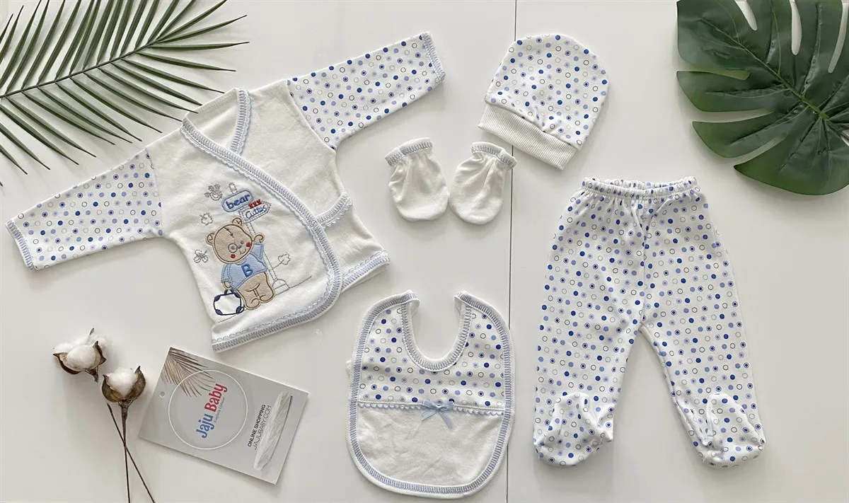 

Jaju Baby Child/Baby 0-3 Months Blue Bear Polka Dot 5 Pieces Newborn Hospital Outlet Set