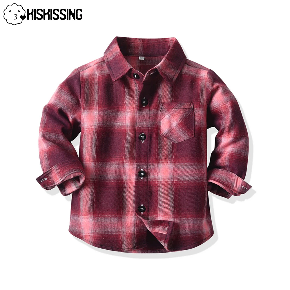 

KISKISSING Children's Blouse Plaid Boy Button Up Shirts Mother Kids Full Sleeves Boutique Clothes Autumn Charm Simple Shirts