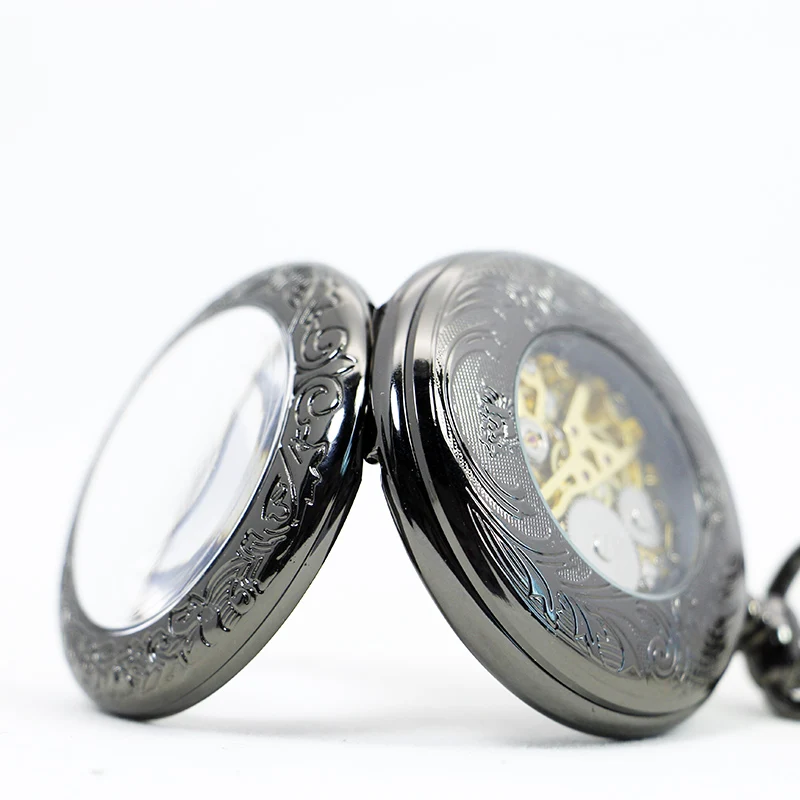 Vintage Charm Black Fashion Roman Number Mechacnical Steampunk Pocket Watch Women Man Necklace Pendant With Chain