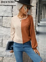 jim nora cusual pullover women long sleeve round neck patchwork stitching colour loose sweater autumn spring tops 2022 fashion