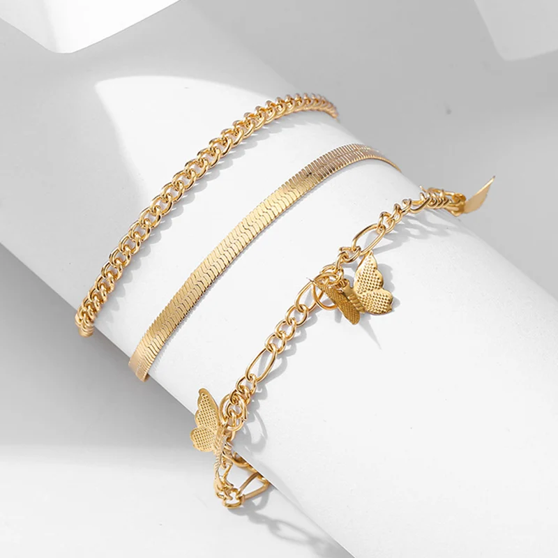 

Fashion Simple Temperament Golden Butterfly 3 Piece Anklet Popular Creative Snake Bone Chain Women's Combination Jewellery