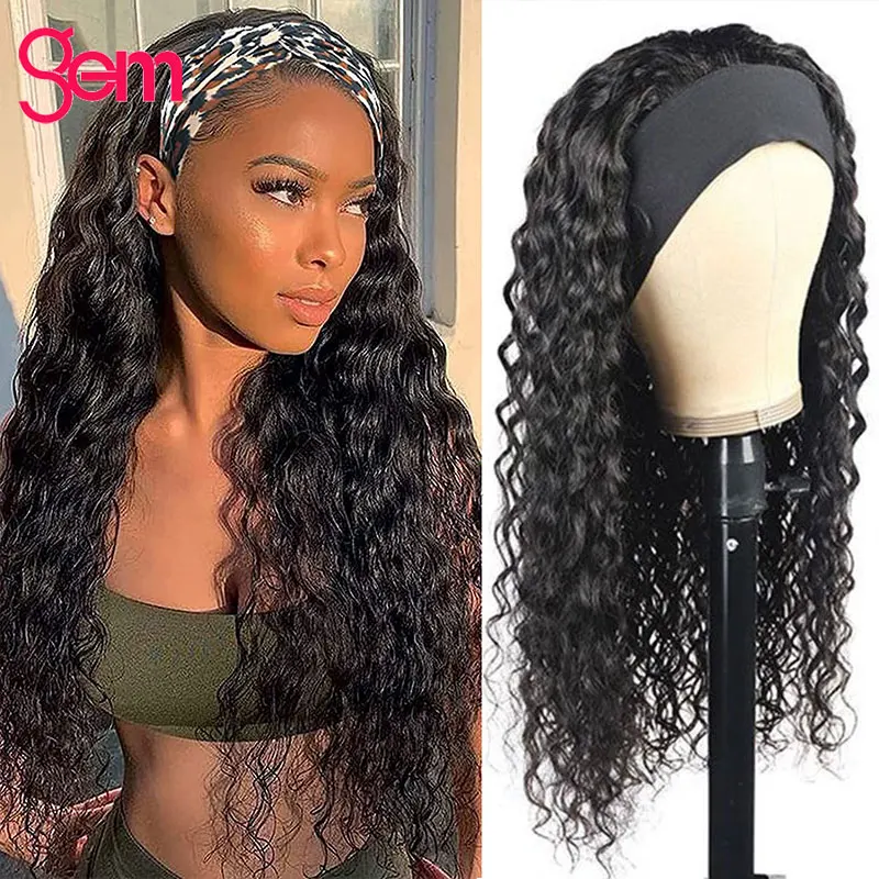 

Water Wave Headband Wig Human Hair Brazilian Sale Wet And Wavy Full Machine Made 180 Density Natural Women's Headband Wig Female