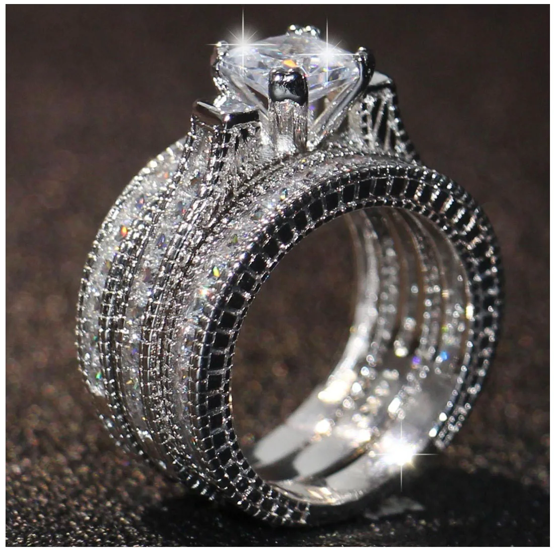 

Women's Cubic Zirconia Rings Luxury Fashion Engagement Wedding Accessory Trendy Jewelry 3 in 1