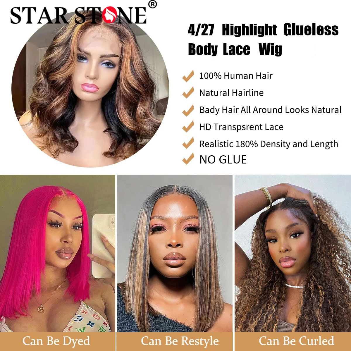 Объемная волна Выделите Бесклеевой парик Человеческие волосы Готовые к ношению