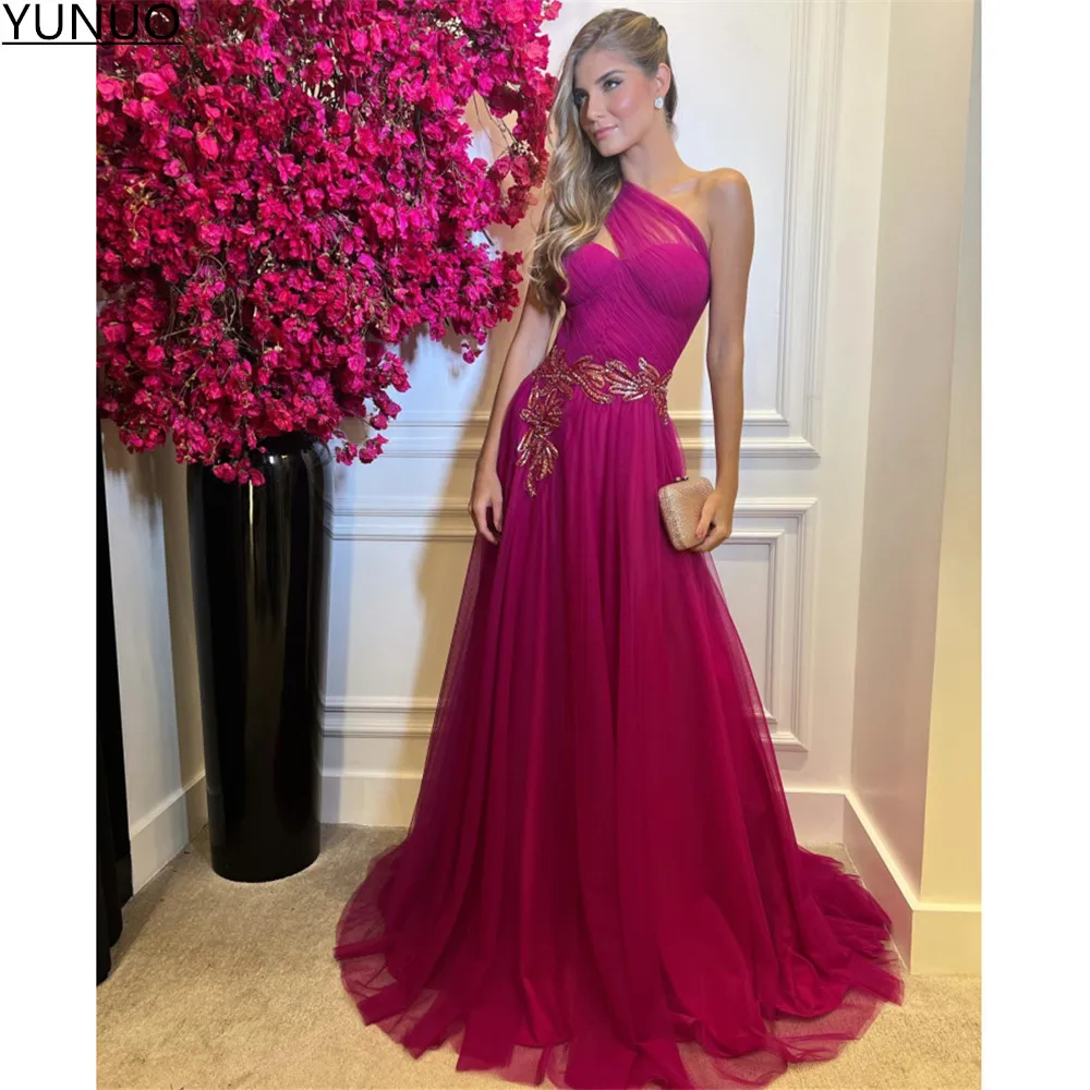 

YUNUO robes de soirée One Shoulder Sleeveless Prom Evening Gowns Sequined Long Elegant Dresses Women for Wedding Party Tulle