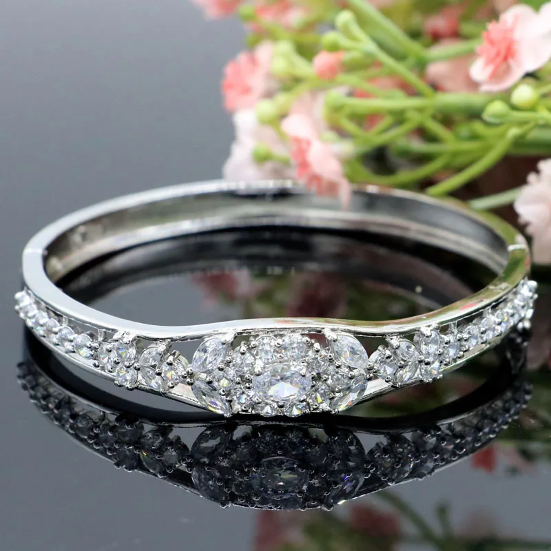 

64x12mm Stunning 19.7g White Cubic Zircon Smokey Topaz Women Dating 925 Silver Bangle Bracelet 7.5inch