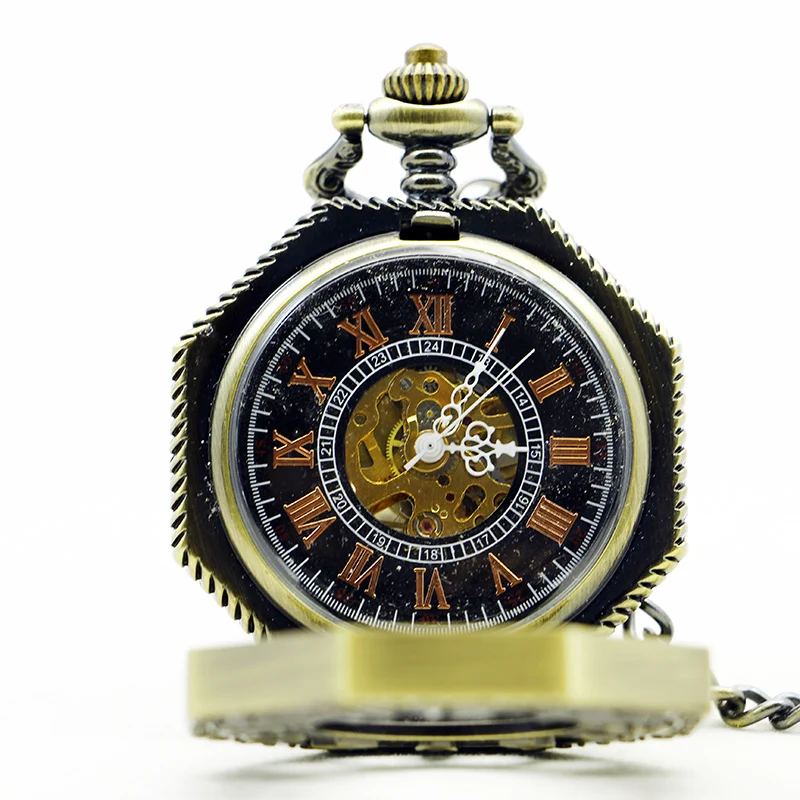 New Arrival Bronze Hunter Mechanical Hand Winding Pocket Watch Vintage Arabic Numerals Display Skeleton Pendant Pocket Clock