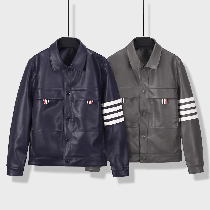 

TB THOM Male Leather Jackets 23SS Autumn New In Men's Jacket Classic White Stripes Bomber Jacket Hot Sales Streetwear PU Coats