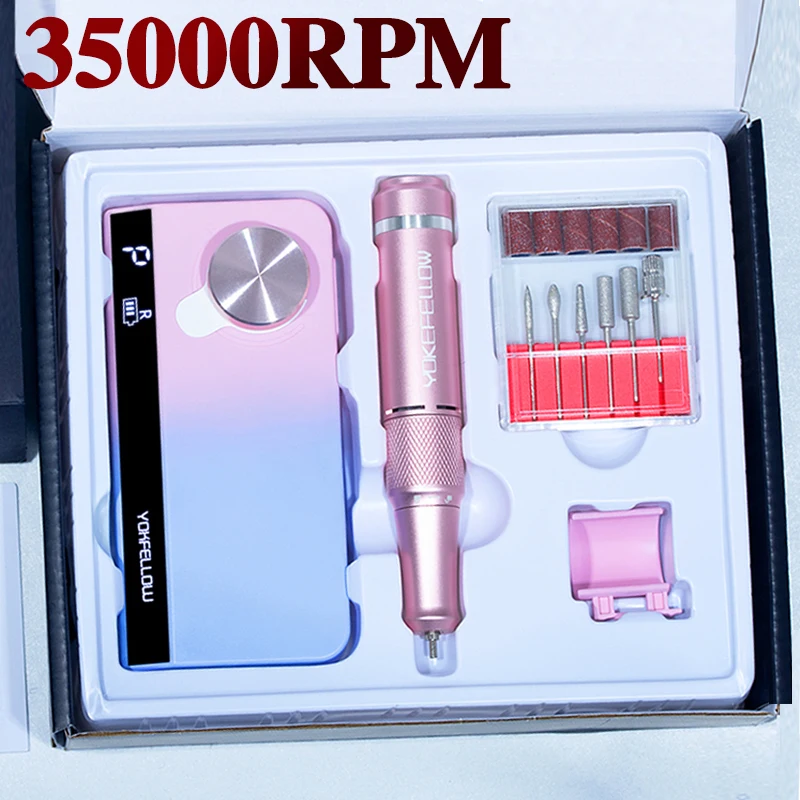 YOKEFELLOW 35000RPM Electric Nail Drill Machine For Manicure Pedicure Nail File Rechargeable Nail Drill Milling Cutter Nail Tool