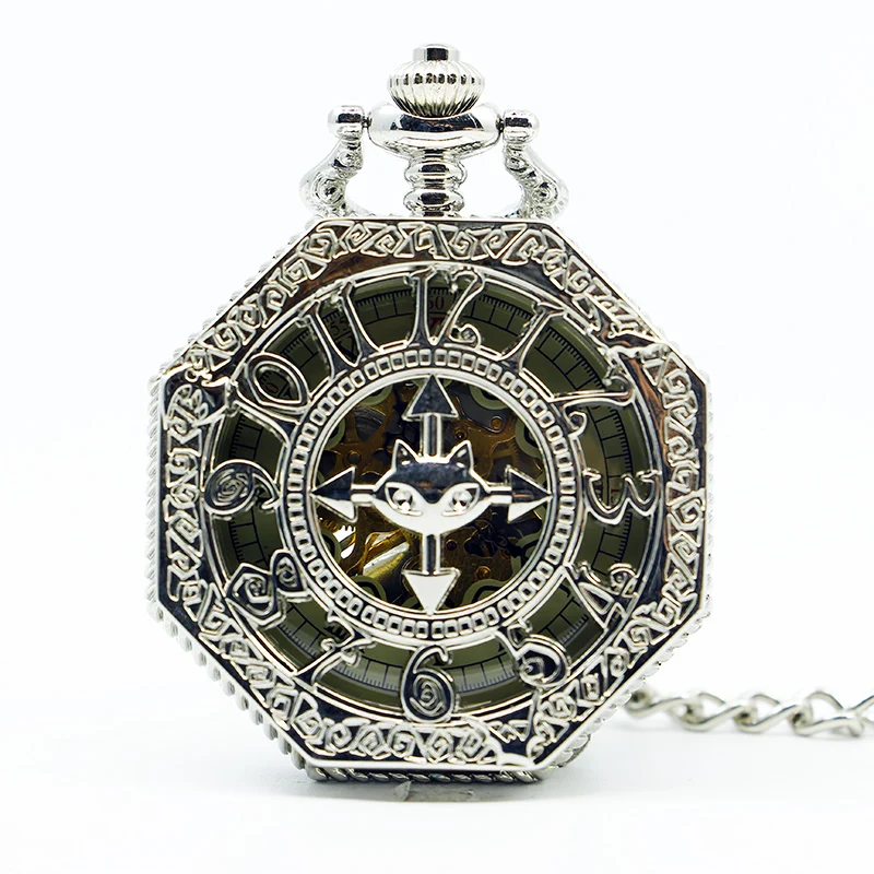 

Multilateral Rhombus Hollow Hand Winding Mechanical Pocket Watch Retro Silver Skeleton Dial FOB Chain Luxury reloj mecánico
