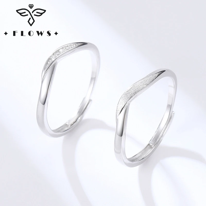 

FLOWS Original 925 Sterling Silver Couple Rings For Men And Women Romantic Adjustable anillos Rings Set For Valentine's Day Gift