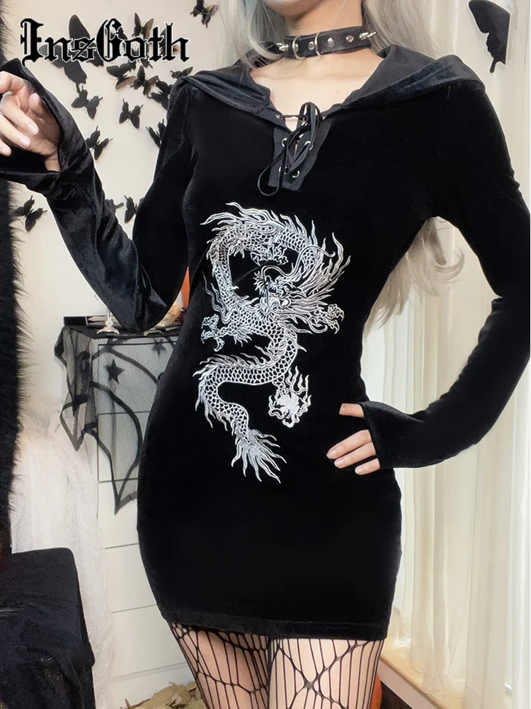 

InsGoth Velvet Print Dress Dragon Pattern Hat Lace Up Bodycon Long Sleeve Witch Masquerade Dark Academy Partywear Lace Dresses