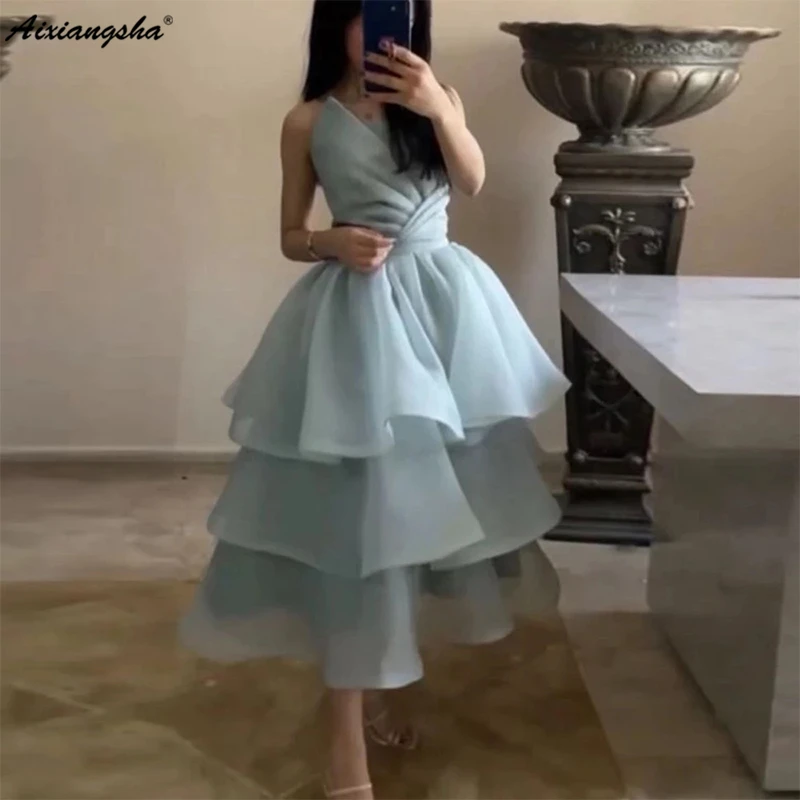 

Strapless Sky Blue Tulle Prom Dresses Anhle Length Evening Dresses Tiered Skirt Arabic Women Party Formal Robes De Soiree