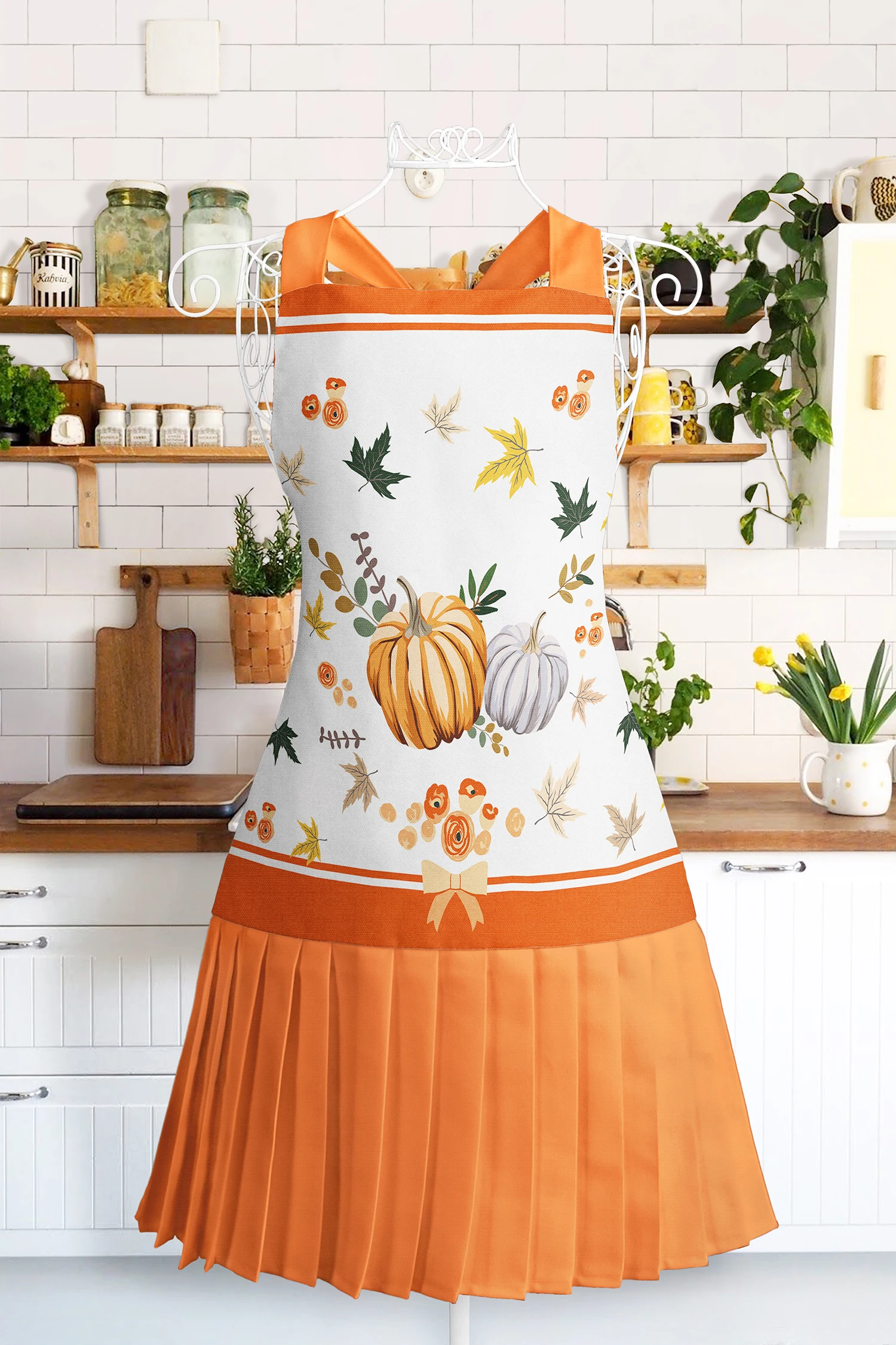 

Pumpkin Patterned Kitchen Apron – Master Chef Leaf Pattern Hanging Dish Cook Stain Resistant Digital Printed Apron