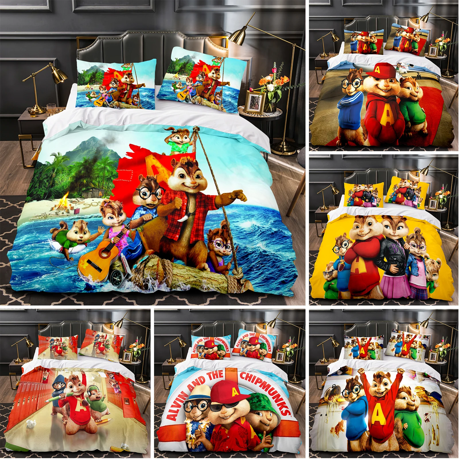 Cartoon Alvin and the Chipmunk Bedding Set For Boys Adults Kid Duvet Cover Bed Cover Single Queen King Double 3pcs Suit