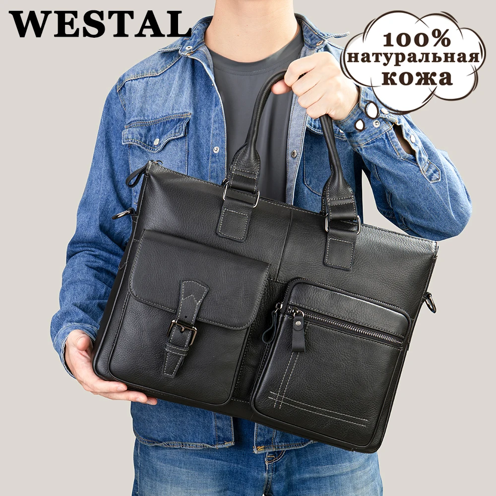 WESTAL Men's Bag Genuine Leather Men Briefcase Handbags For 15.6