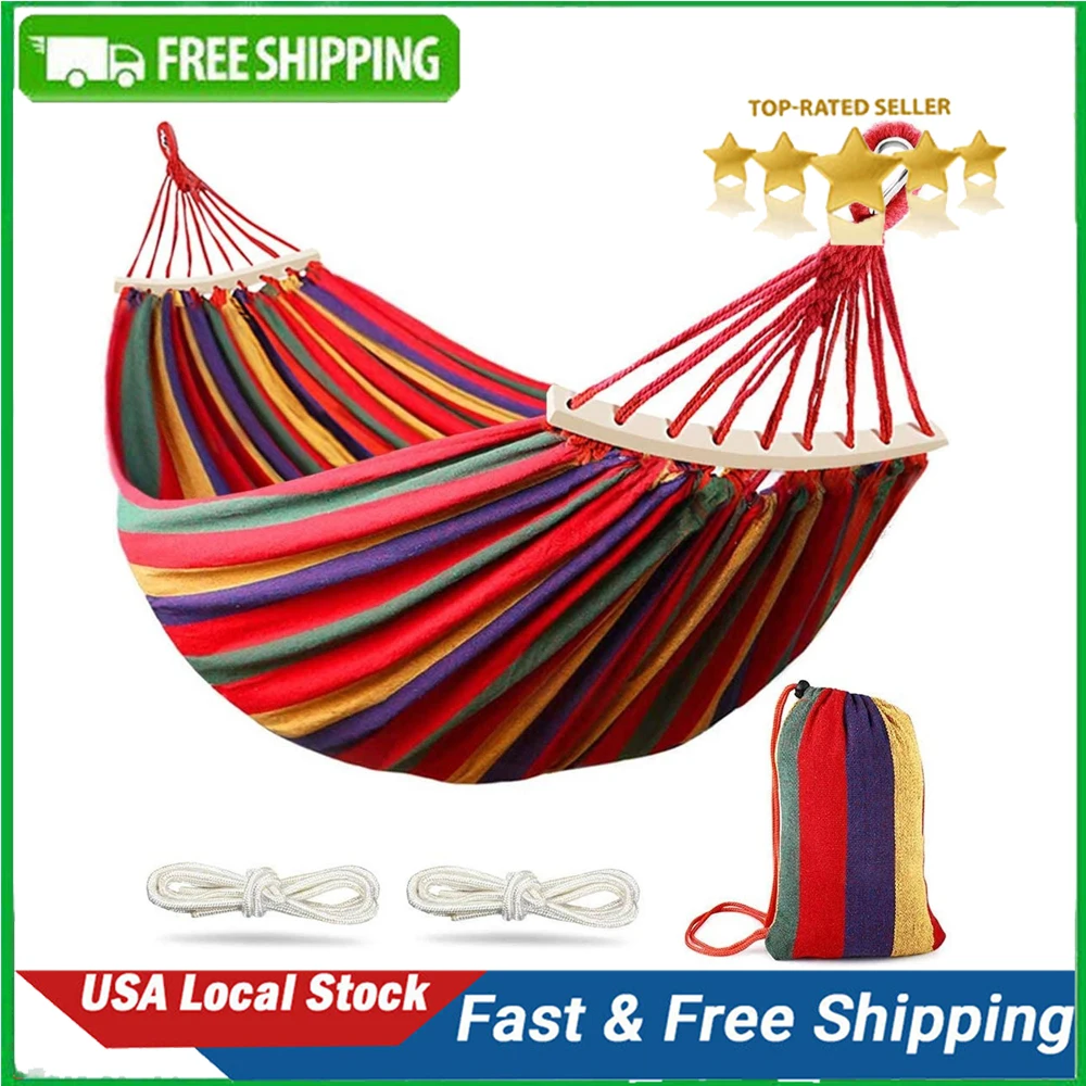 

Double Hammock 2 People Canvas Cotton Hammock with Carrying Bag Travel, Rainbow Stripes