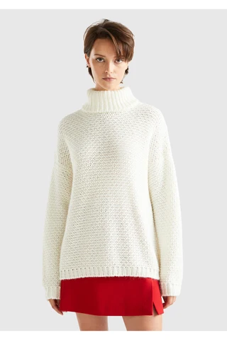United Colors of Benetton -  Женская белая альпака из смесовой шерсти драпированный свитер с воротником стойкой