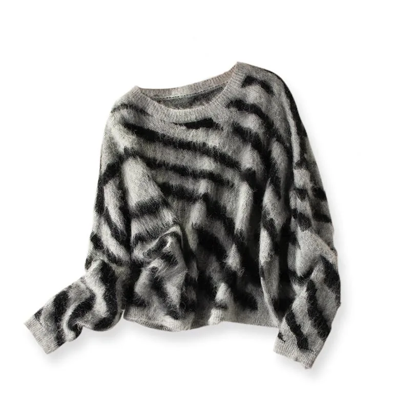 

Zebra Pattern Jacquard Mohair Wool Jumper Women Fashion Crew Neck Sweaters One Size