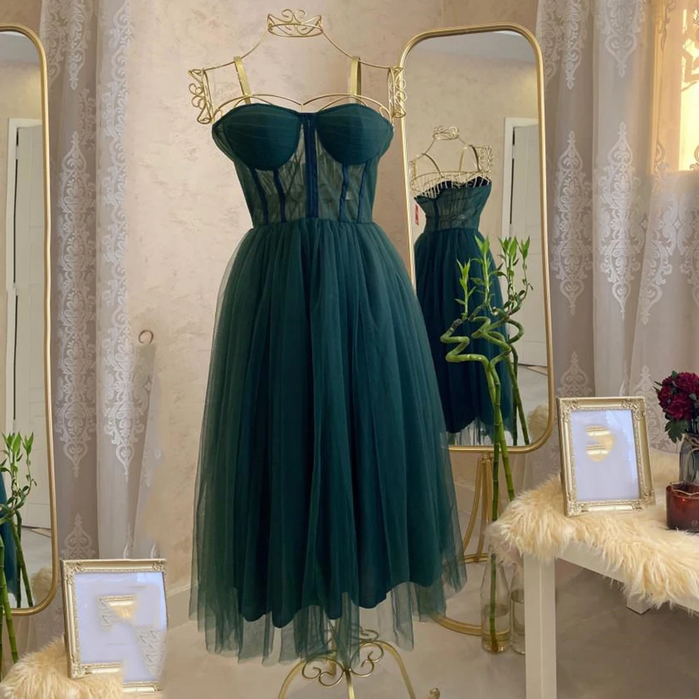 

Green Sweetheart Evening Dresses 2022 A-Line Party Dresses Tulle Tea Length Robes De Soirée Elegant Women Wedding Party Gowns